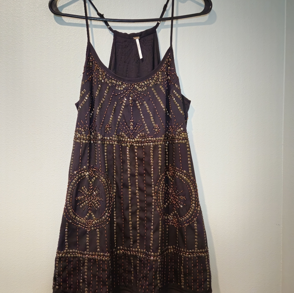 Free People Beaded Slip Dress Black Embellished Mini Tunic Size SP - Picture 10 of 12